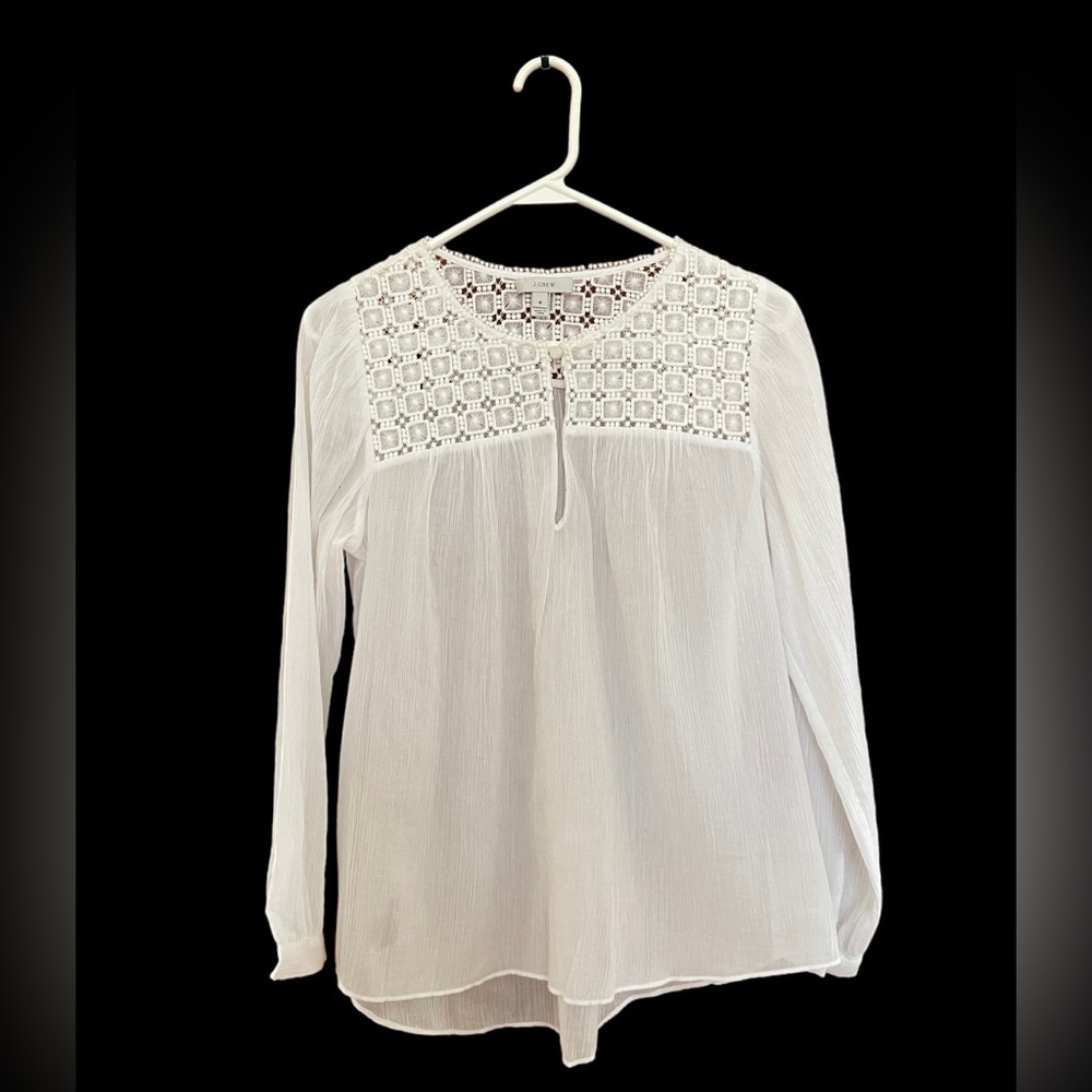 Sheer white J Crew blouse long sleeve with lace detail